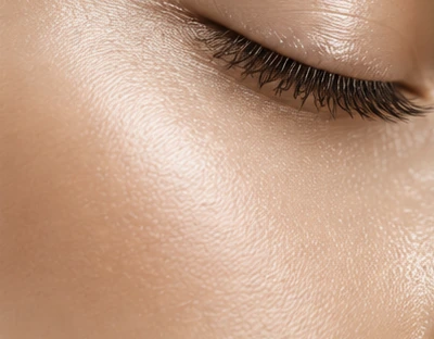 Close-up of skin beside a closed eye, softly lit in warm nude tones.
